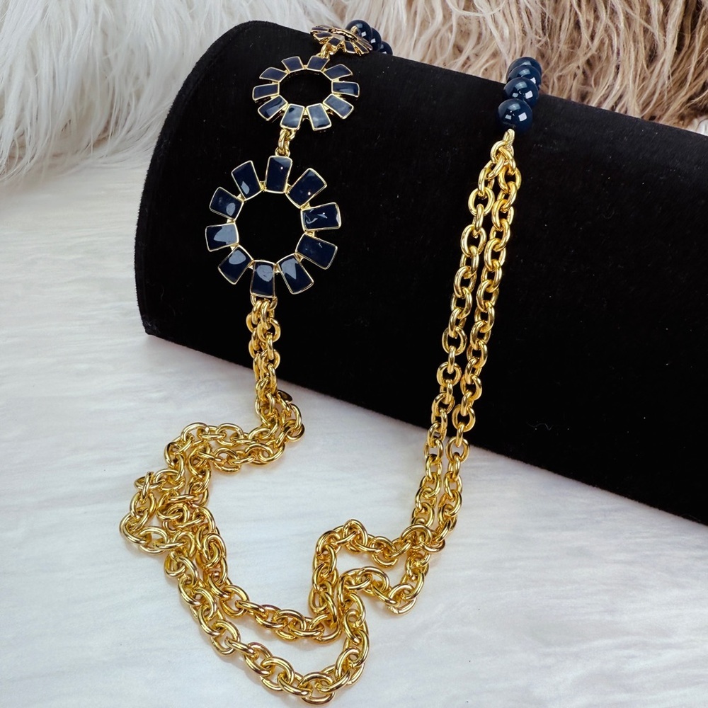Elegant Talbots Goldtone and Navy Enamel Long Chain Necklace